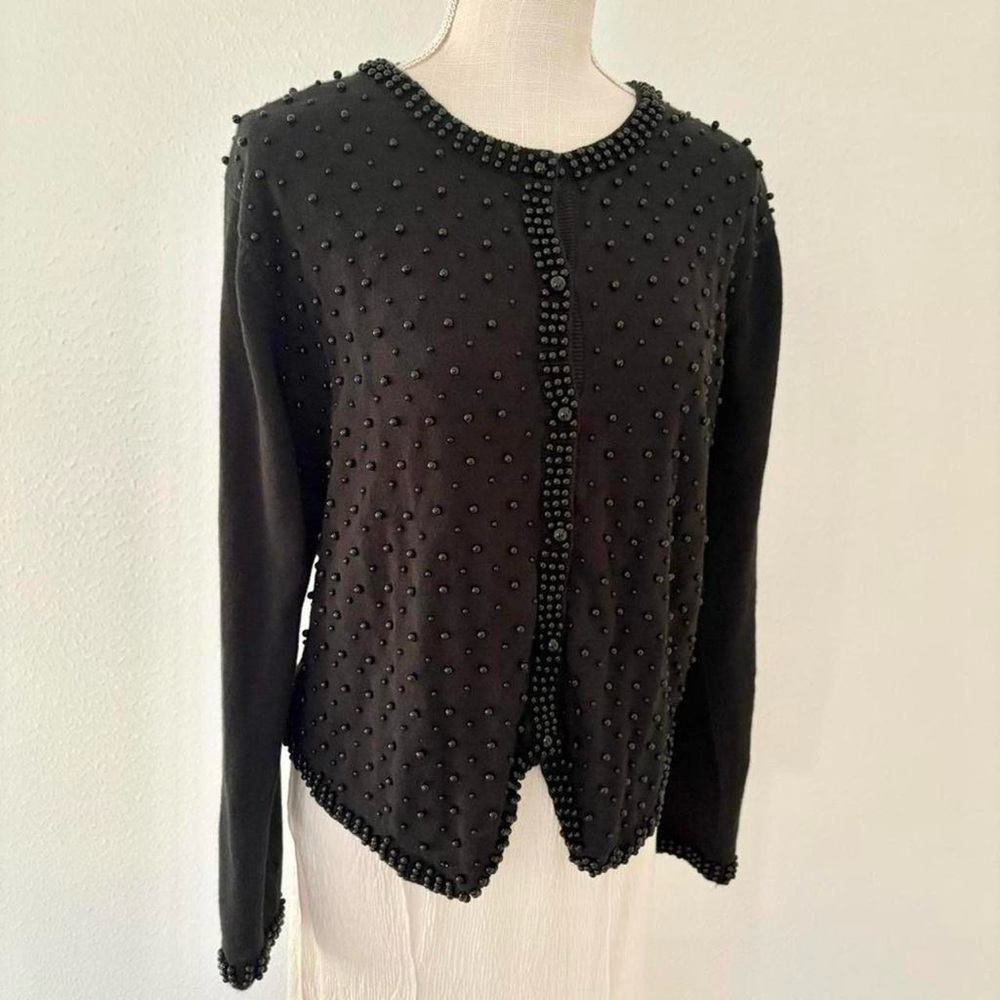 Black Beaded Crewneck Cardigan